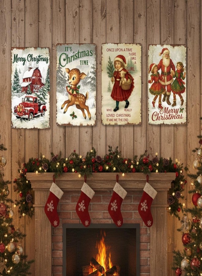 Otoolling 4 Pcs Vintage Christmas Wall Sign Metal Red Truck Little Girl Plaque Sign Decorations Santa Claus Elk Wall Art for Home Coffee Shop Retro Christmas Decor, 8 x 12 Inch - Image 5